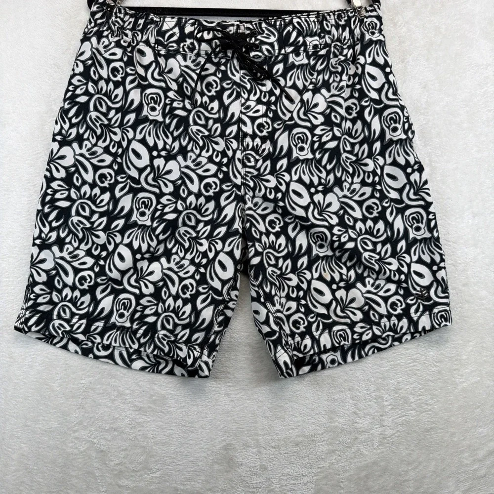 Coolibar Mens Swim Trunks Large UPF 50+ Black White Board Shorts Mesh Lined